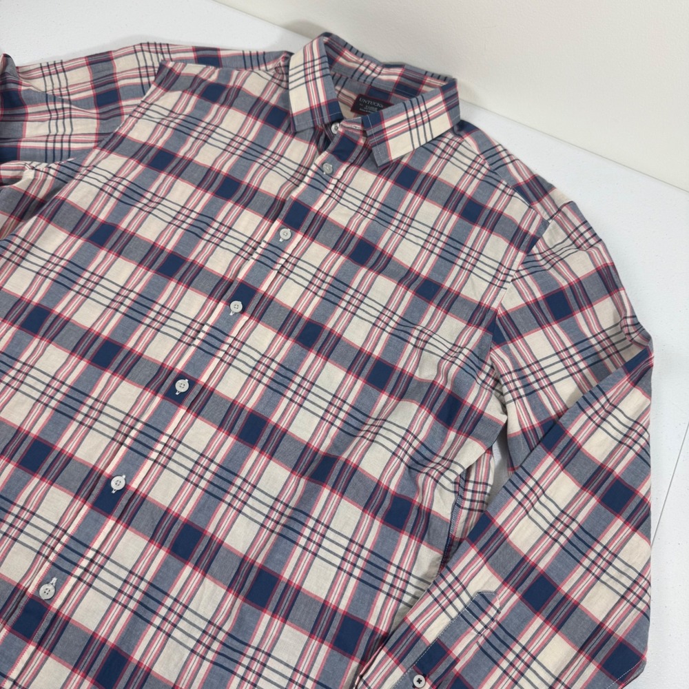 UNTUCKit Mens XL Long Sleeve Plaid Button Down Shirt Navy Red Cream Cotton